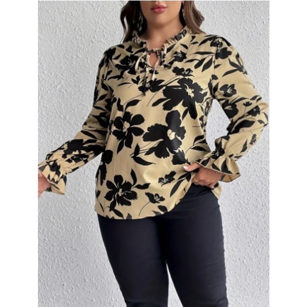 Women's Plus Floral Print Lettuce Trim Lantern Sleeve Keyhole Tie Blouse - Picture 2 of 4